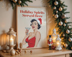Holiday Spirits Served Here Print, Funny Retro Christmas Wall Art, Pin Up Cocktail Poster, Vintage Santa Holiday Bar Cart Decor Gift DIGITAL