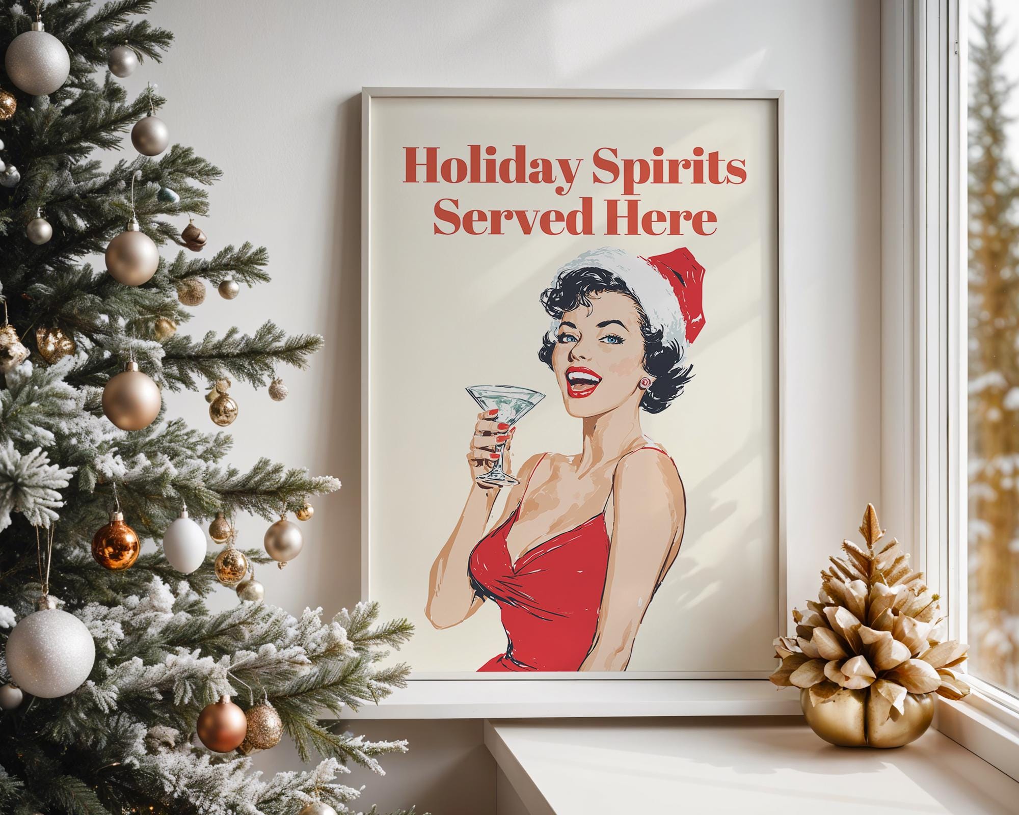 Holiday Spirits Served Here Print, Funny Retro Christmas Wall Art, Pin Up Cocktail Poster, Vintage Santa Holiday Bar Cart Decor Gift DIGITAL