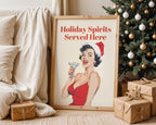 Holiday Spirits Served Here Print, Funny Retro Christmas Wall Art, Pin Up Cocktail Poster, Vintage Santa Holiday Bar Cart Decor Gift DIGITAL