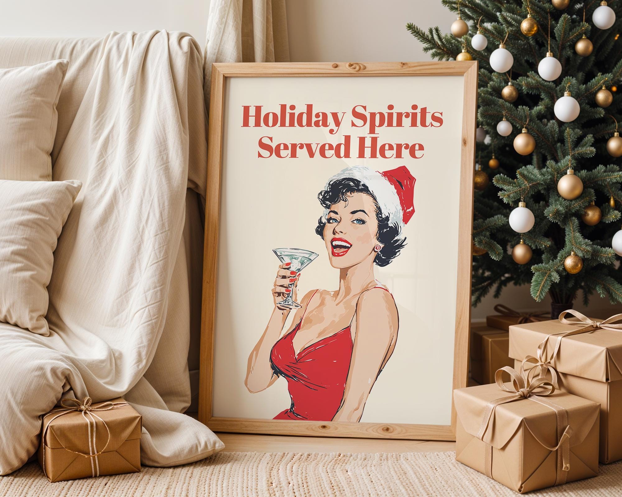 Holiday Spirits Served Here Print, Funny Retro Christmas Wall Art, Pin Up Cocktail Poster, Vintage Santa Holiday Bar Cart Decor Gift DIGITAL