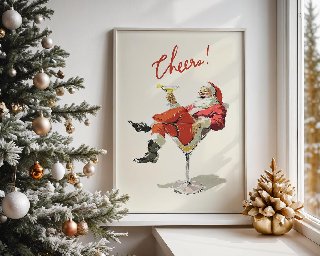 Cheers Santa Claus Poster, Funny Retro Christmas Wall Art, Vintage Holiday Cocktail Print, Santa Martini Bar Cart Decor Gift DIGITAL