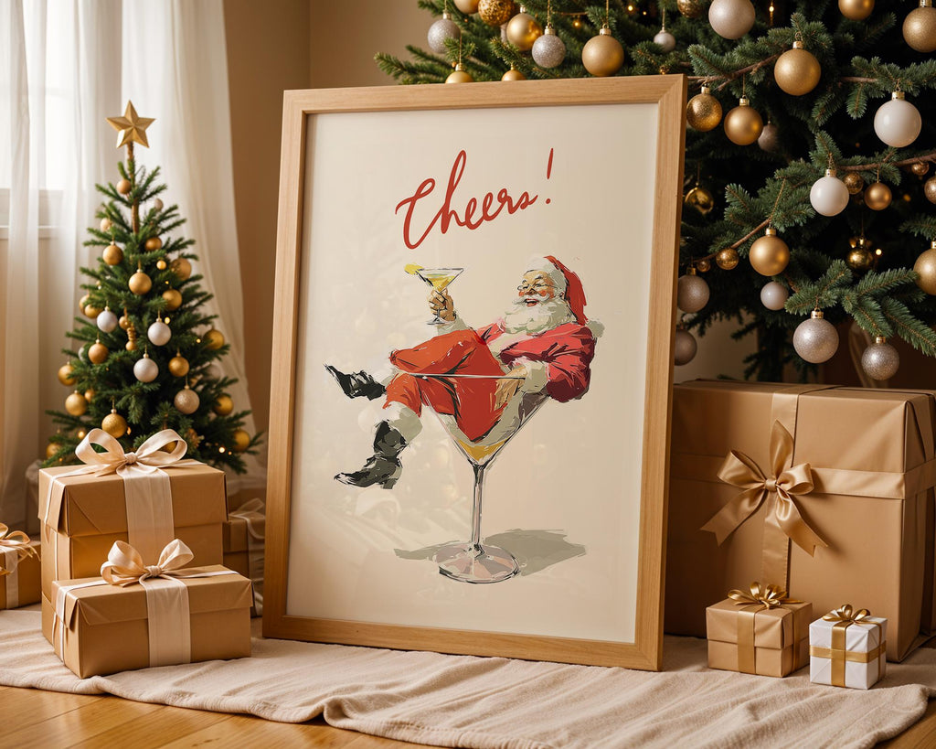 Cheers Santa Claus Poster, Funny Retro Christmas Wall Art, Vintage Holiday Cocktail Print, Santa Martini Bar Cart Decor Gift DIGITAL