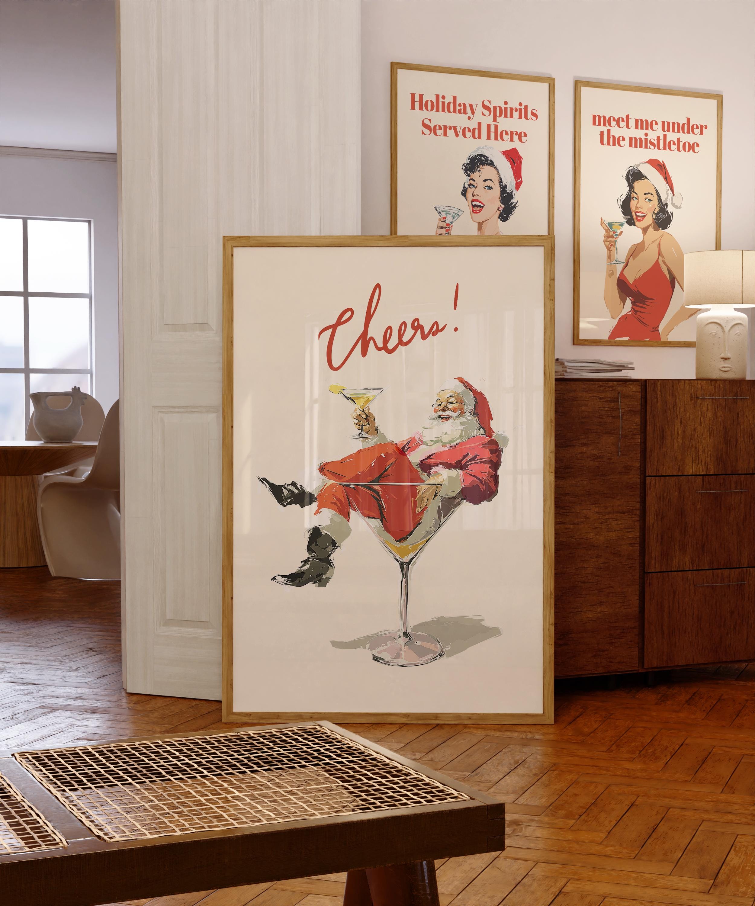 Cheers Santa Claus Poster, Funny Retro Christmas Wall Art, Vintage Holiday Cocktail Print, Santa Martini Bar Cart Decor Gift DIGITAL