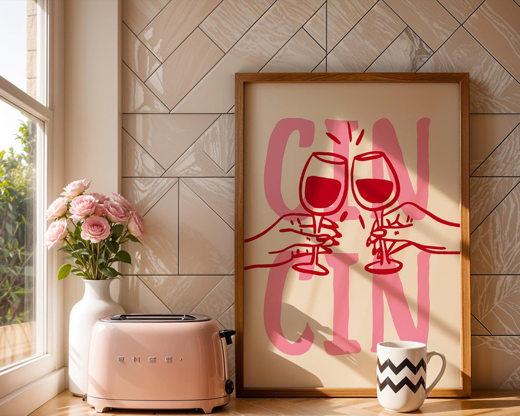 Cin Cin Cheers Wall Art Set of 3 Prints, Pink Happy Hour Cocktail Poster, Pasta Lover Club Italian Food Print, Modern Kitchen Decor DIGITAL