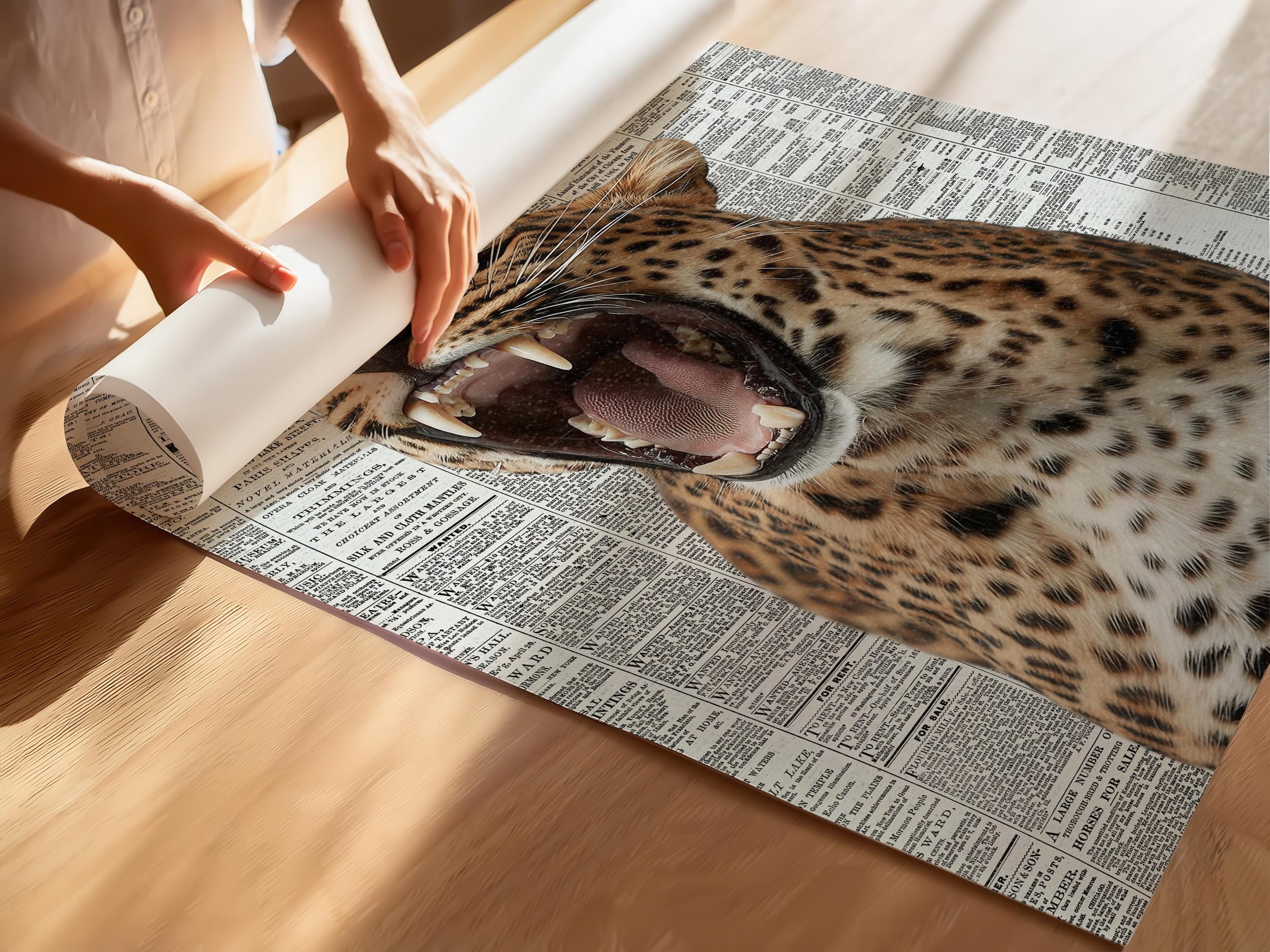 Roaring Leopard Wall Art, Modern Glam Animal Print, Newspaper Background Poster, Bold Fashion Decor, Statement Wildlife Artwork DIGITAL