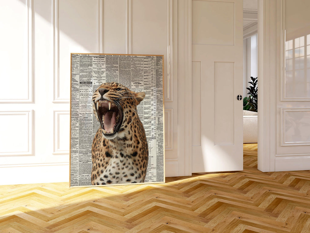 Roaring Leopard Wall Art, Modern Glam Animal Print, Newspaper Background Poster, Bold Fashion Decor, Statement Wildlife Artwork DIGITAL