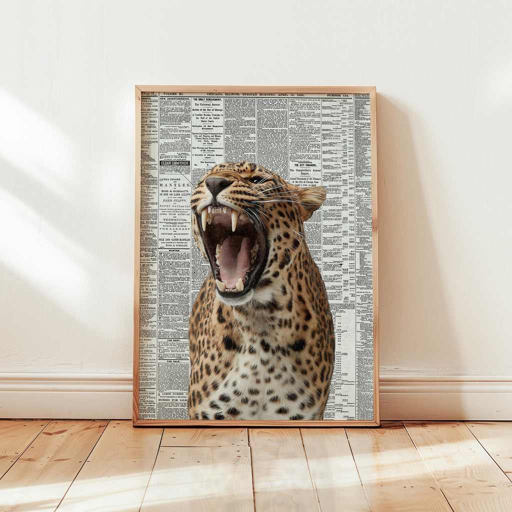 Roaring Leopard Wall Art, Modern Glam Animal Print, Newspaper Background Poster, Bold Fashion Decor, Statement Wildlife Artwork DIGITAL