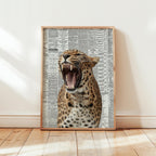 Roaring Leopard Wall Art, Modern Glam Animal Print, Newspaper Background Poster, Bold Fashion Decor, Statement Wildlife Artwork DIGITAL