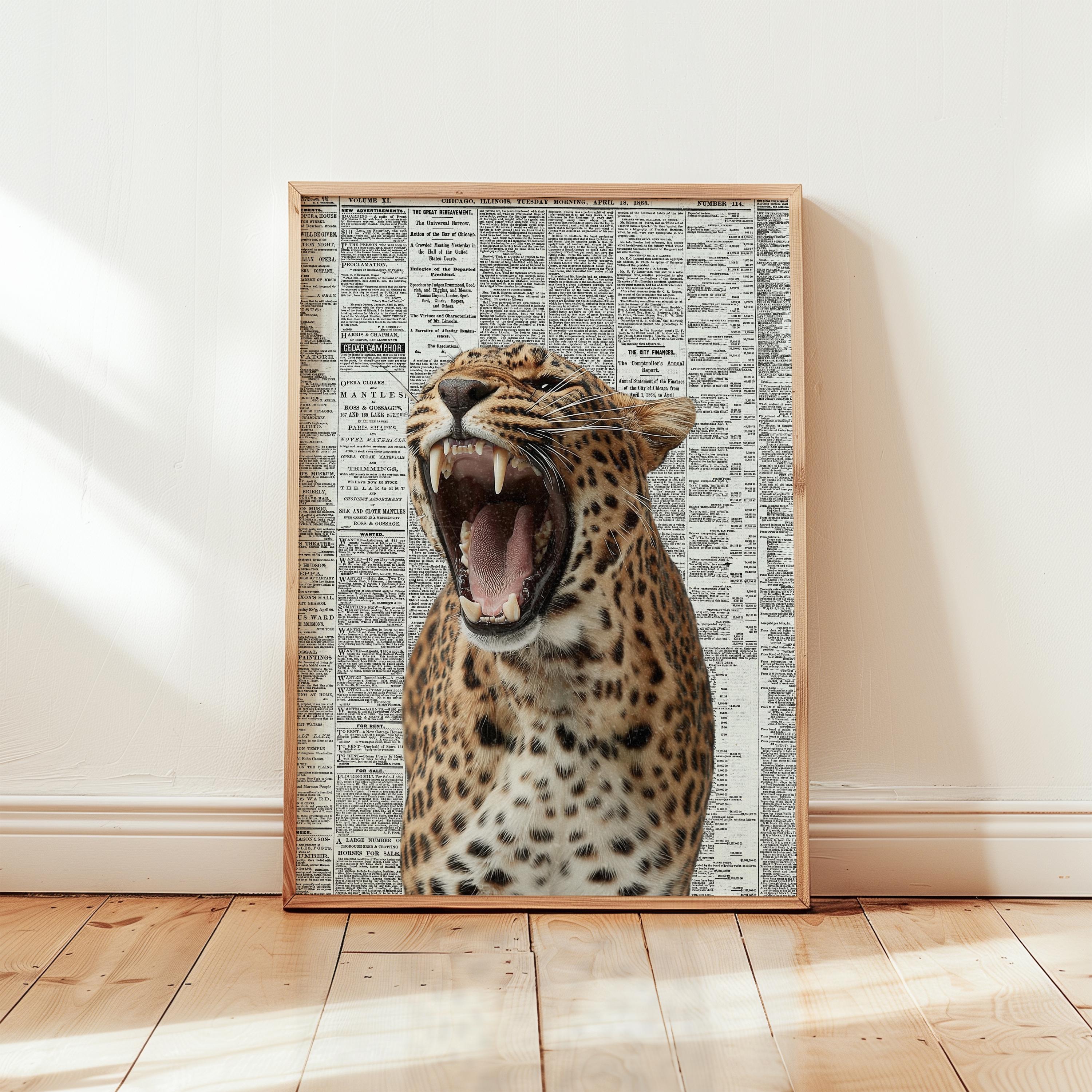 Roaring Leopard Wall Art, Modern Glam Animal Print, Newspaper Background Poster, Bold Fashion Decor, Statement Wildlife Artwork DIGITAL