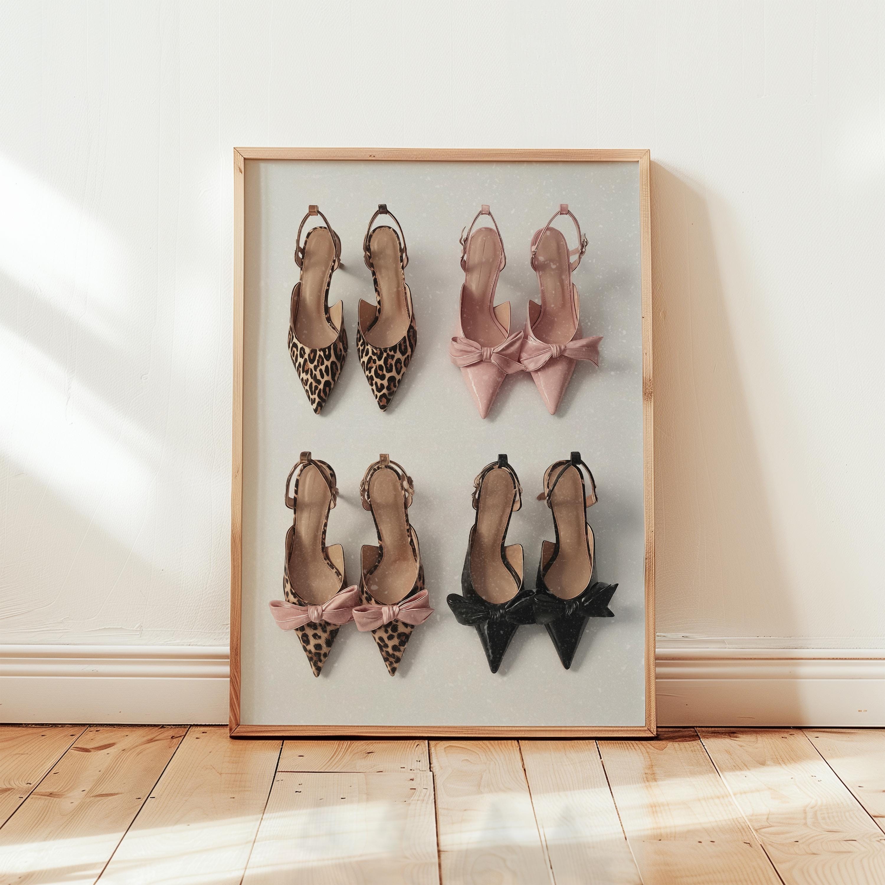 Bow Heels Wall Art Print, Chic Fashion Poster, Leopard and Pink Shoes Artwork, Modern Glam Bedroom Decor, Feminine Closet Printable DIGITAL