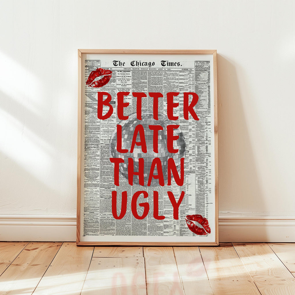 Better Late Than Ugly Newspaper Print, Red Trendy Wall Art, Retro Bedroom Poster, Red Chic Apartment Sassy Aesthetic Room Decor, DIGITAL