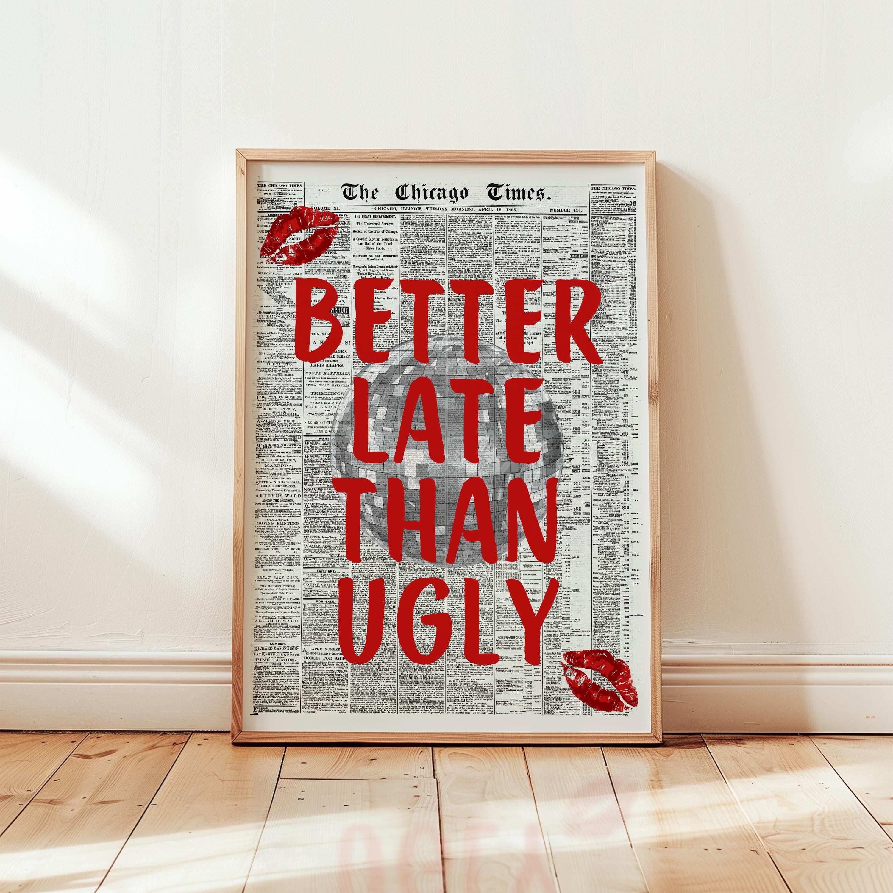 Better Late Than Ugly Newspaper Print, Red Trendy Wall Art, Retro Bedroom Poster, Red Chic Apartment Sassy Aesthetic Room Decor, DIGITAL
