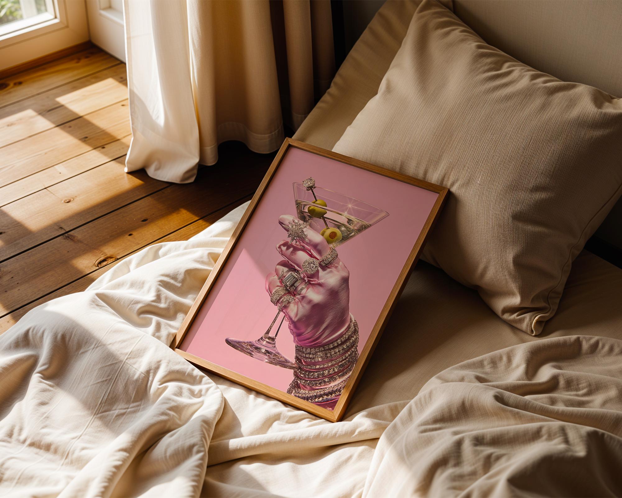 Pink Glam Martini Art Print, Fashion Wall Art, Diamond Hand Poster, Chic Bar Decor, Luxury Cocktail Artwork, Gift for Her, DIGITAL DOWNLOAD