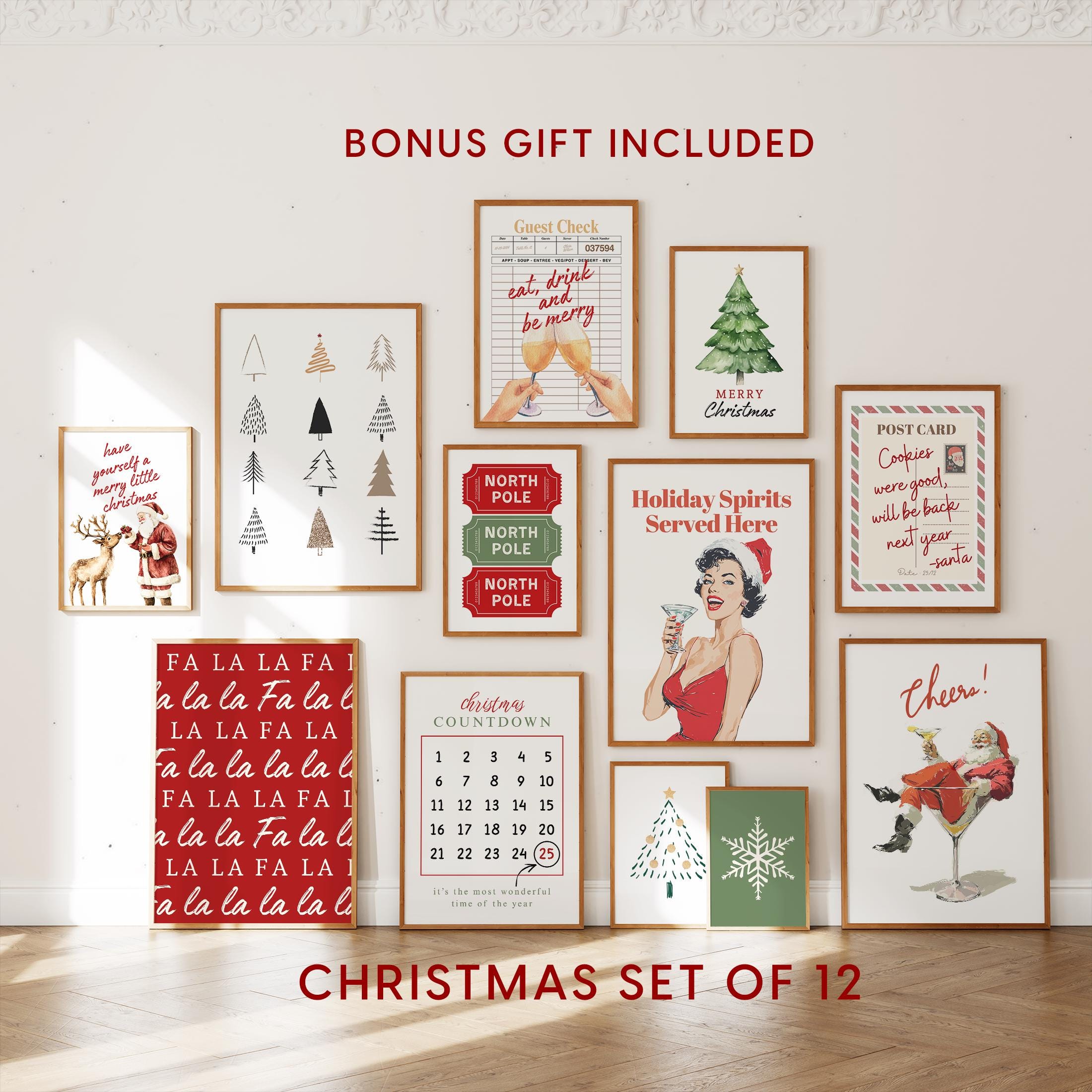 Christmas Wall Art Set of 12, Vintage Holiday Prints, Festive Xmas Decor, Retro Christmas Posters, Holiday Printable Art Bundle DIGITAL