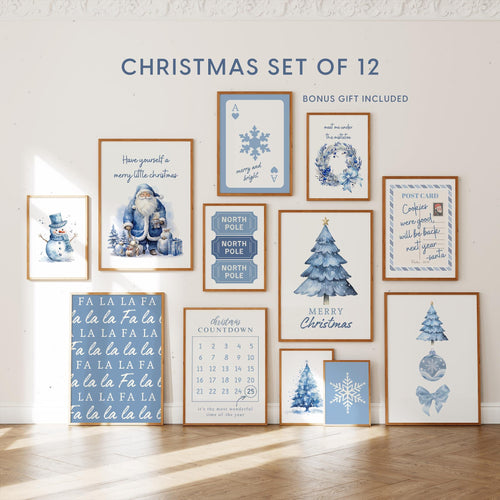 Christmas Wall Art Set of 12, Blue Holiday Prints, Minimalist Xmas Decor Bundle, Winter Printable Wall Art, Modern Christmas Posters DIGITAL