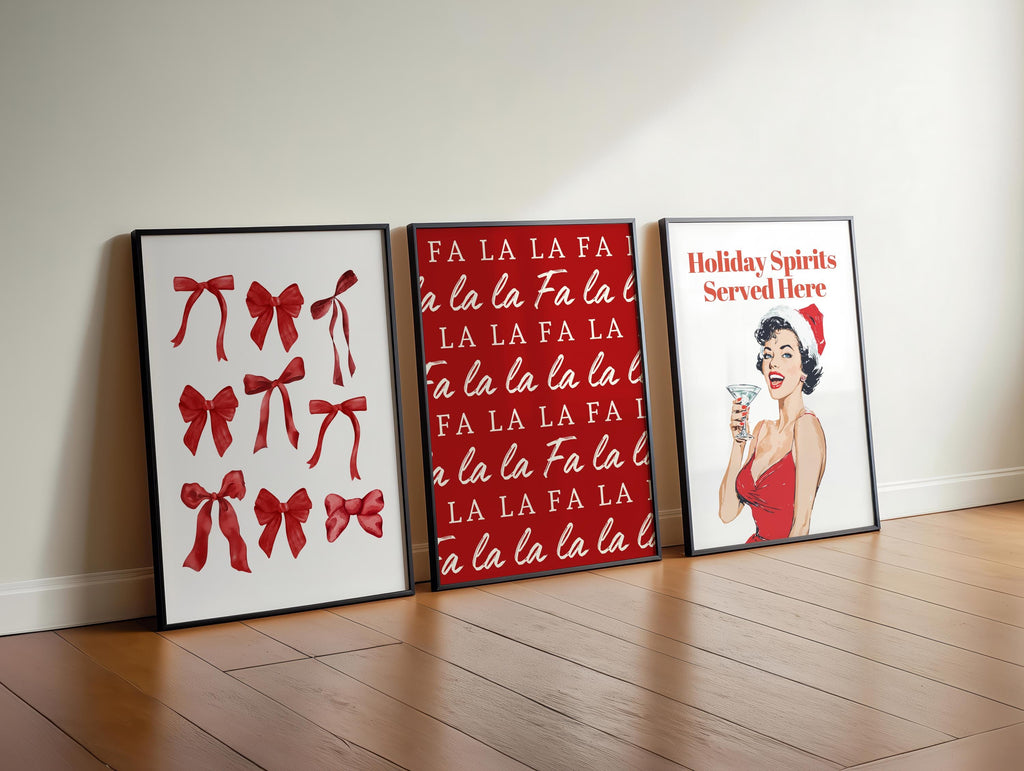 Christmas Wall Art Set of 3, Funny Holiday Prints, Fa La La Poster, Retro Pin Up Christmas Decor, Red Bow Minimalist Xmas Digital Bundle
