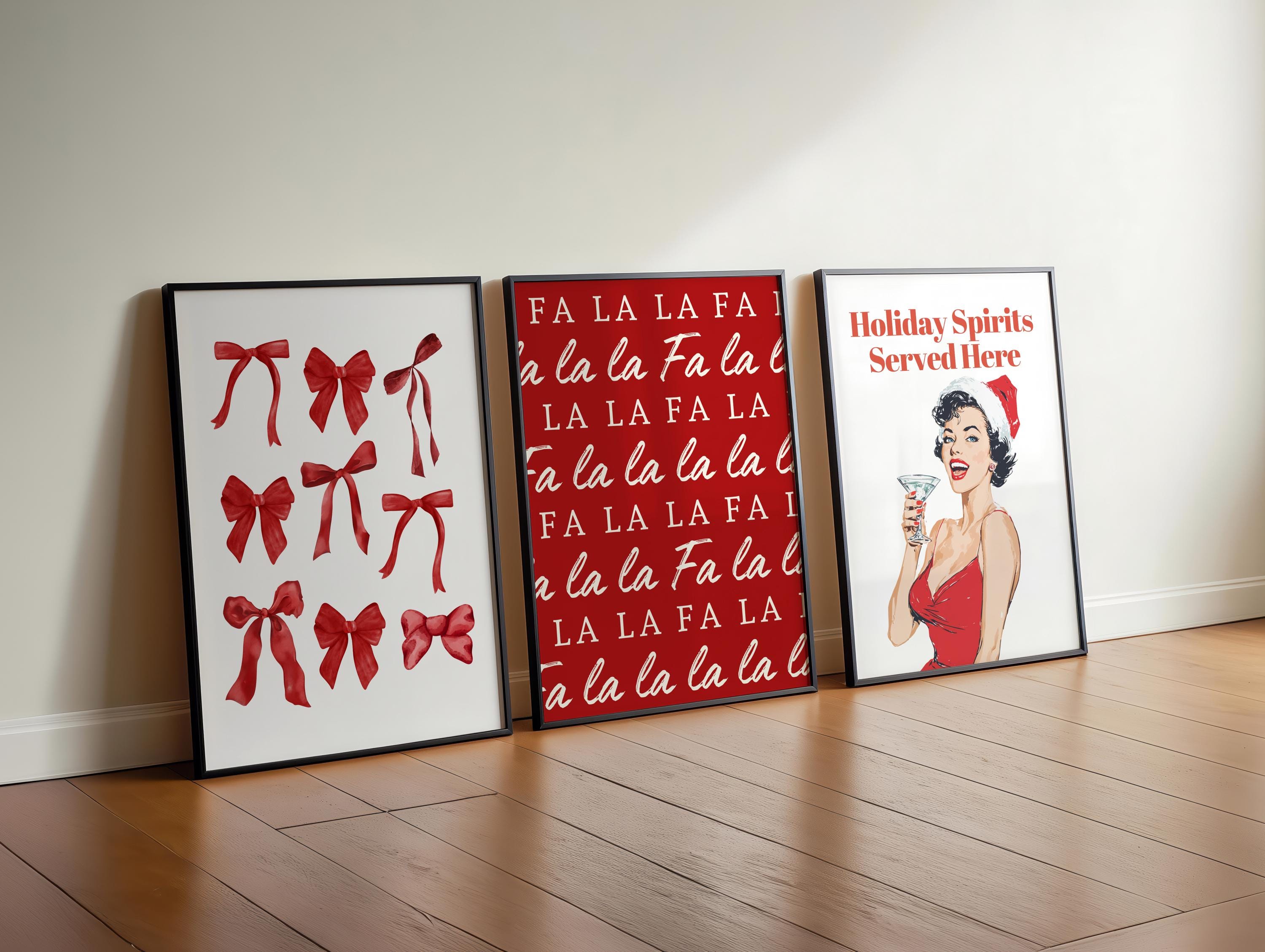 Christmas Wall Art Set of 3, Funny Holiday Prints, Fa La La Poster, Retro Pin Up Christmas Decor, Red Bow Minimalist Xmas Digital Bundle