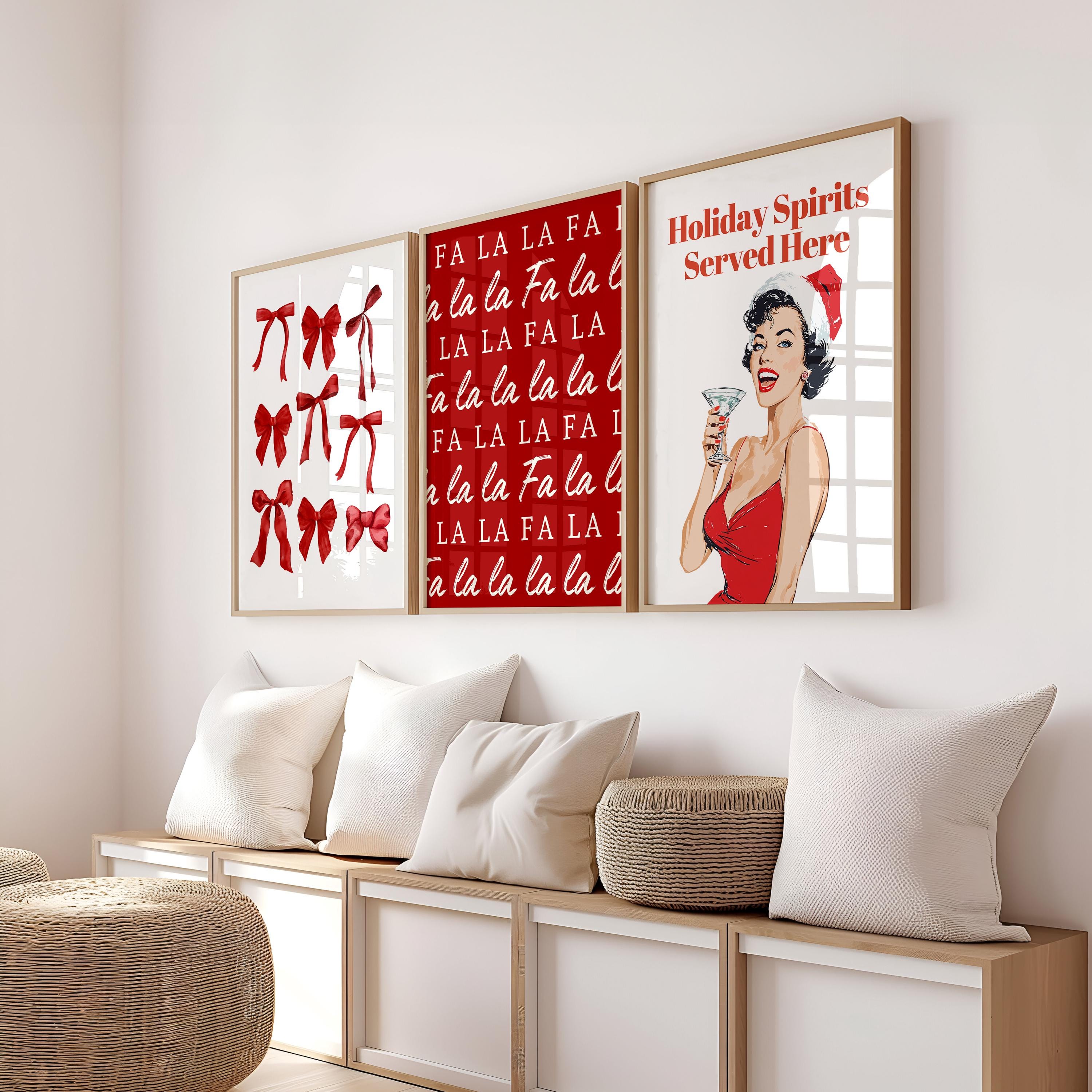 Christmas Wall Art Set of 3, Funny Holiday Prints, Fa La La Poster, Retro Pin Up Christmas Decor, Red Bow Minimalist Xmas Digital Bundle
