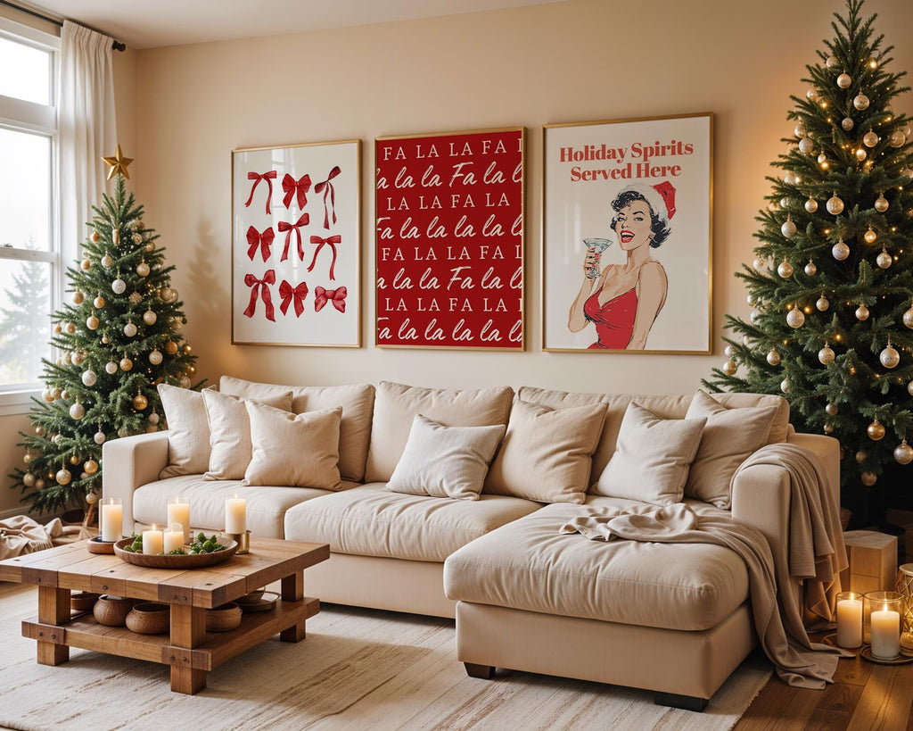 Christmas Wall Art Set of 3, Funny Holiday Prints, Fa La La Poster, Retro Pin Up Christmas Decor, Red Bow Minimalist Xmas Digital Bundle