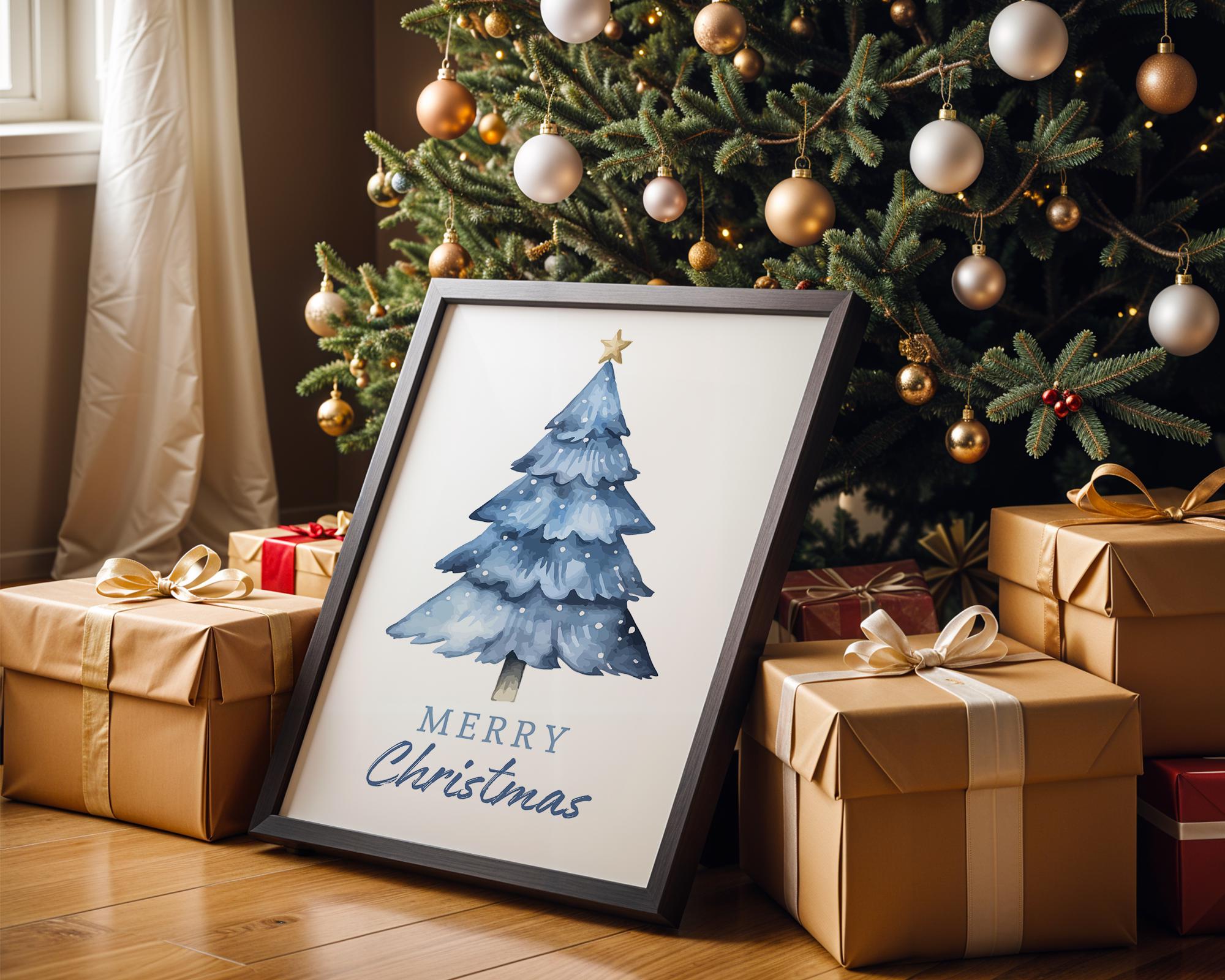 Blue Merry Christmas Wall Art, Winter Holiday Poster, Neutral Xmas Printable, Modern Festive Wall Decor, Minimalist Christmas Digital