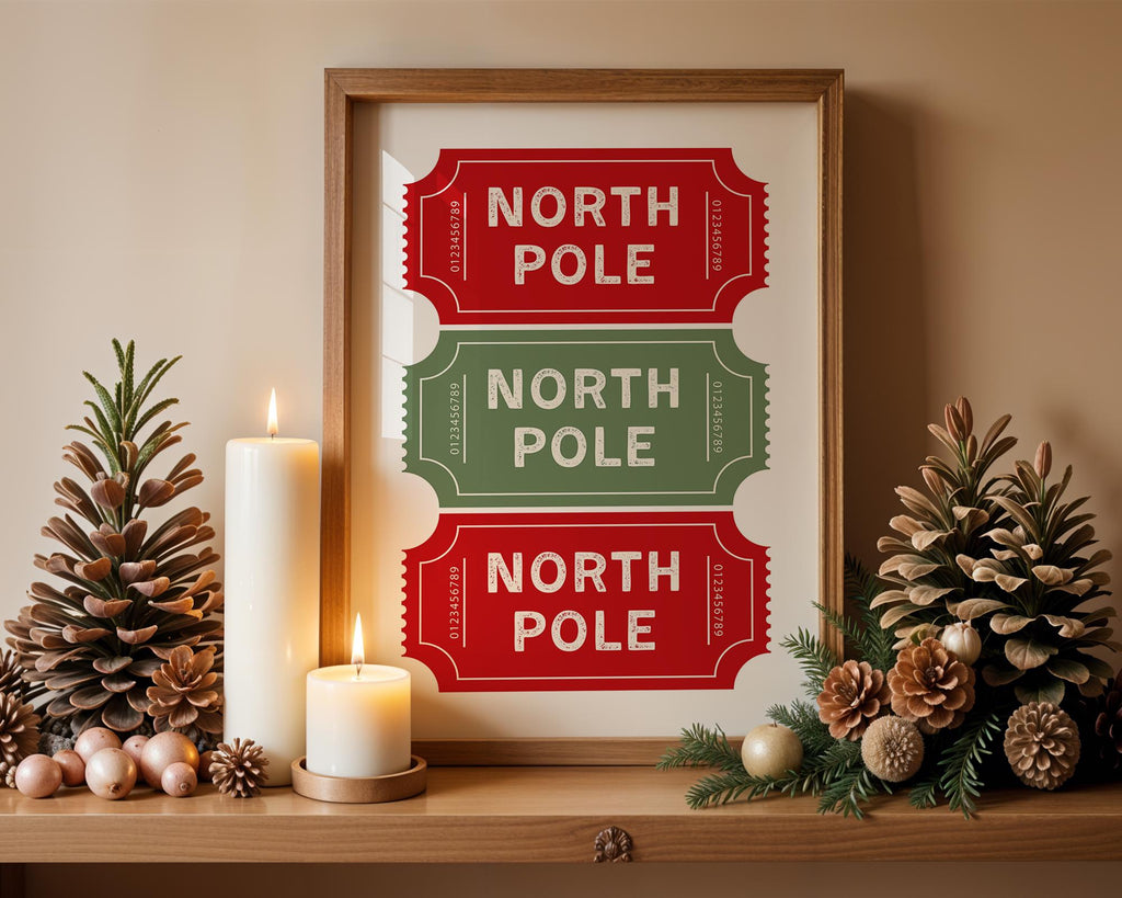 North Pole Ticket Christmas Wall Art, Holiday Stub Poster, Vintage Xmas Printable, Festive Coupon Style Decor, Red Green Christmas Digital