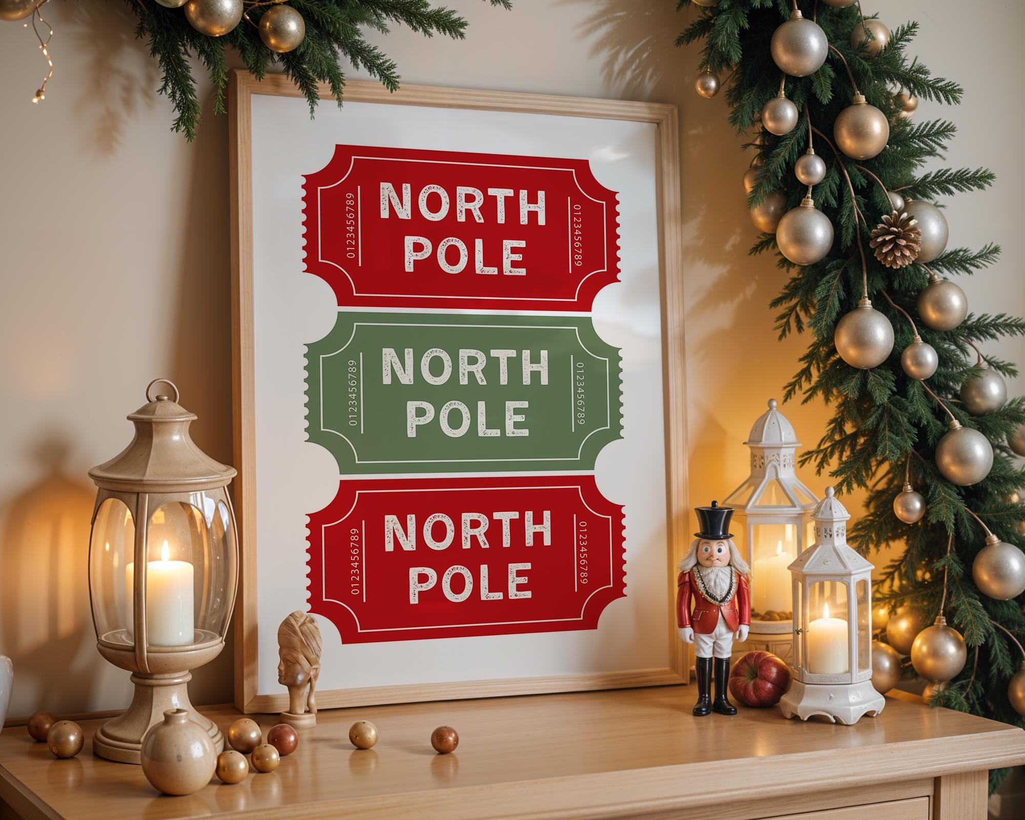 North Pole Ticket Christmas Wall Art, Holiday Stub Poster, Vintage Xmas Printable, Festive Coupon Style Decor, Red Green Christmas Digital