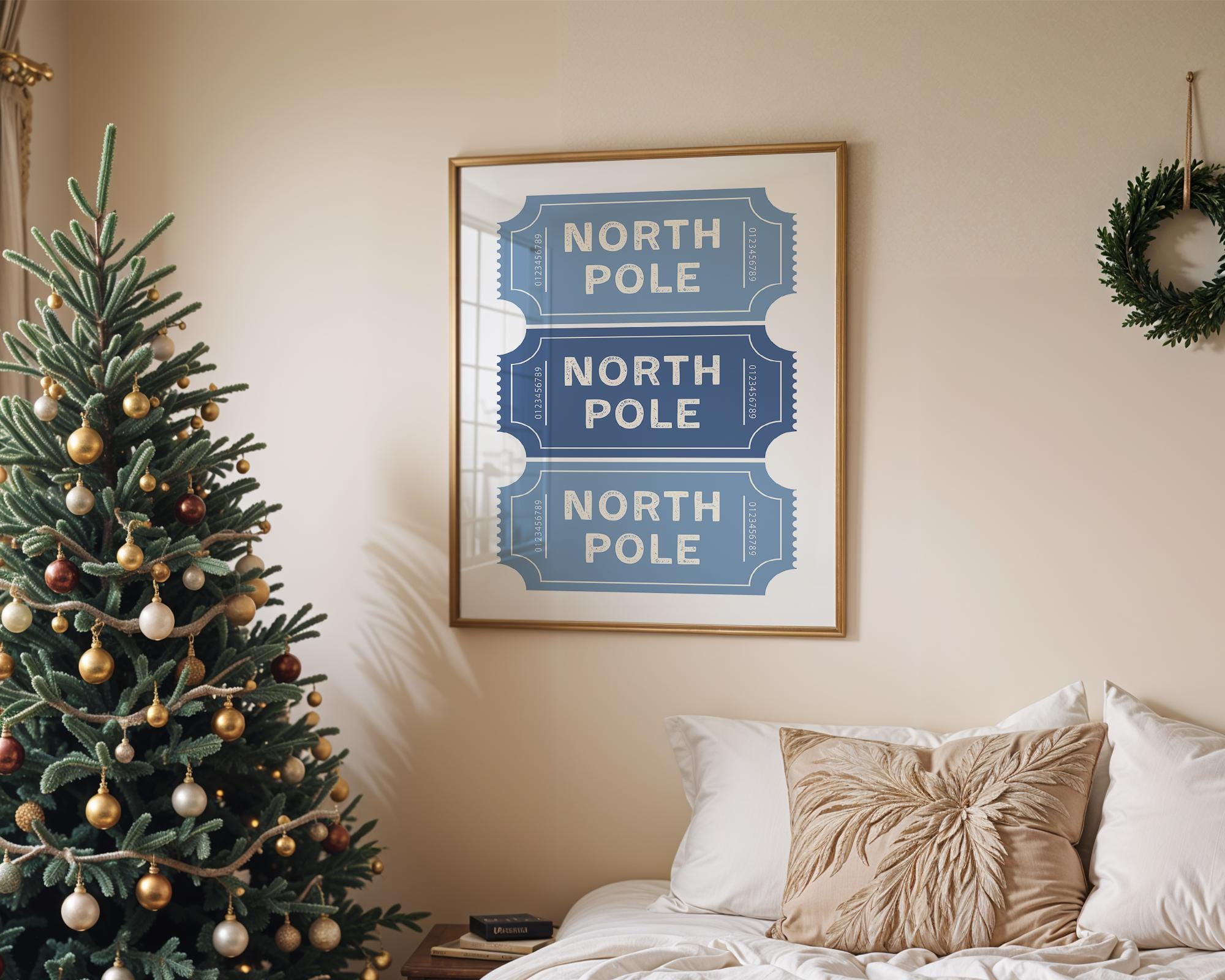 Blue North Pole Ticket Christmas Wall Art, Winter Holiday Stub Poster, Festive Xmas Coupon Print, Neutral Christmas Decor, Digital Download