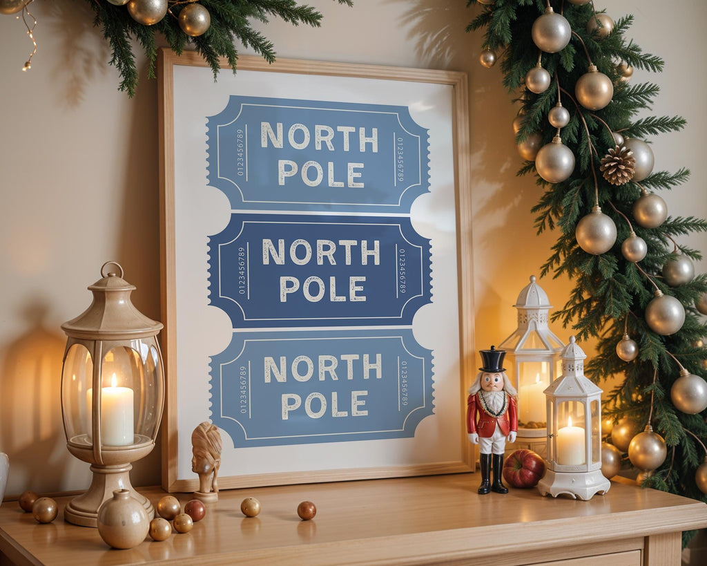Blue North Pole Ticket Christmas Wall Art, Winter Holiday Stub Poster, Festive Xmas Coupon Print, Neutral Christmas Decor, Digital Download