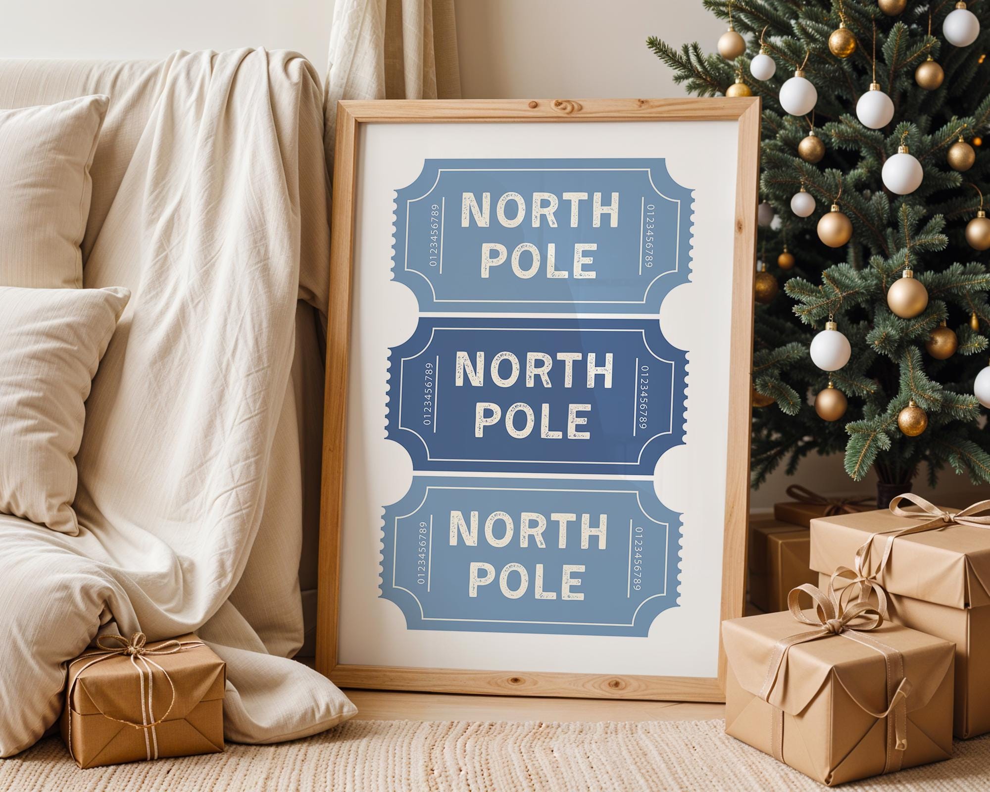 Blue North Pole Ticket Christmas Wall Art, Winter Holiday Stub Poster, Festive Xmas Coupon Print, Neutral Christmas Decor, Digital Download