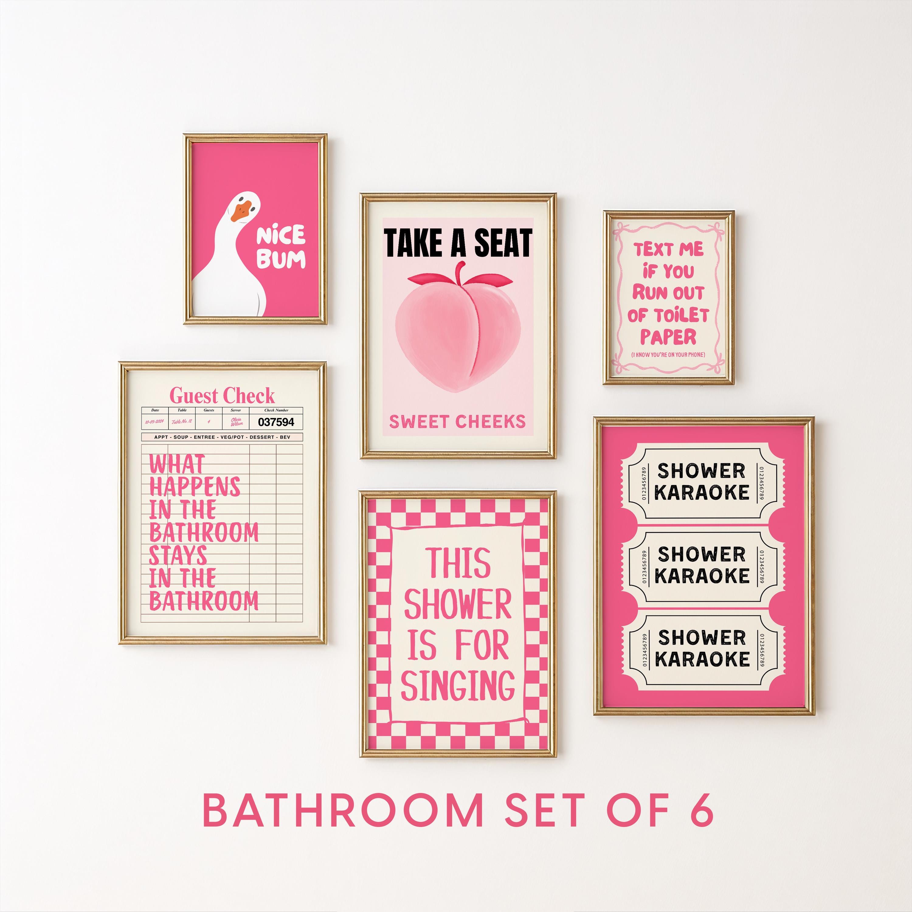 Funny Bathroom Wall Art Set of 6, Pink Restroom Prints, Quirky Toilet Posters, Cute Bathroom Decor, Playful Shower Karaoke Printable Bundle