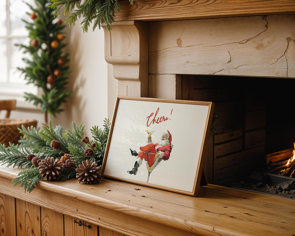 Retro Christmas Santa Cheers Print, Funny Holiday Wall Art, Mid Century Cocktail Santa Poster, Festive Bar Decor, Vintage Christmas Gift