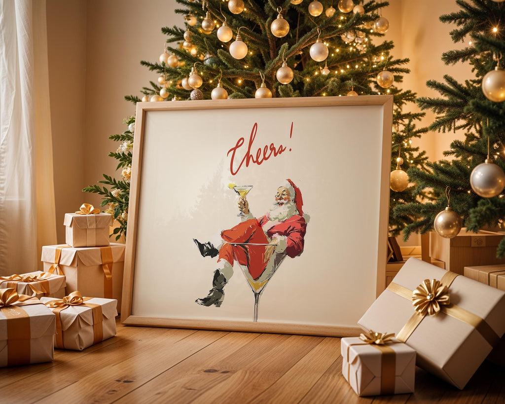 Retro Christmas Santa Cheers Print, Funny Holiday Wall Art, Mid Century Cocktail Santa Poster, Festive Bar Decor, Vintage Christmas Gift