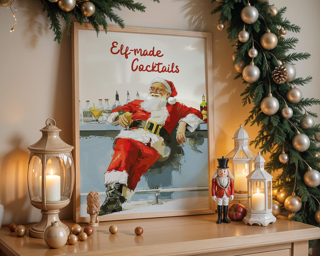 Retro Santa Bar Print, Elf-Made Cocktails Christmas Poster, Funny Holiday Wall Art, Vintage Santa Claus Drink Decor Gift, DIGITAL DOWNLOAD