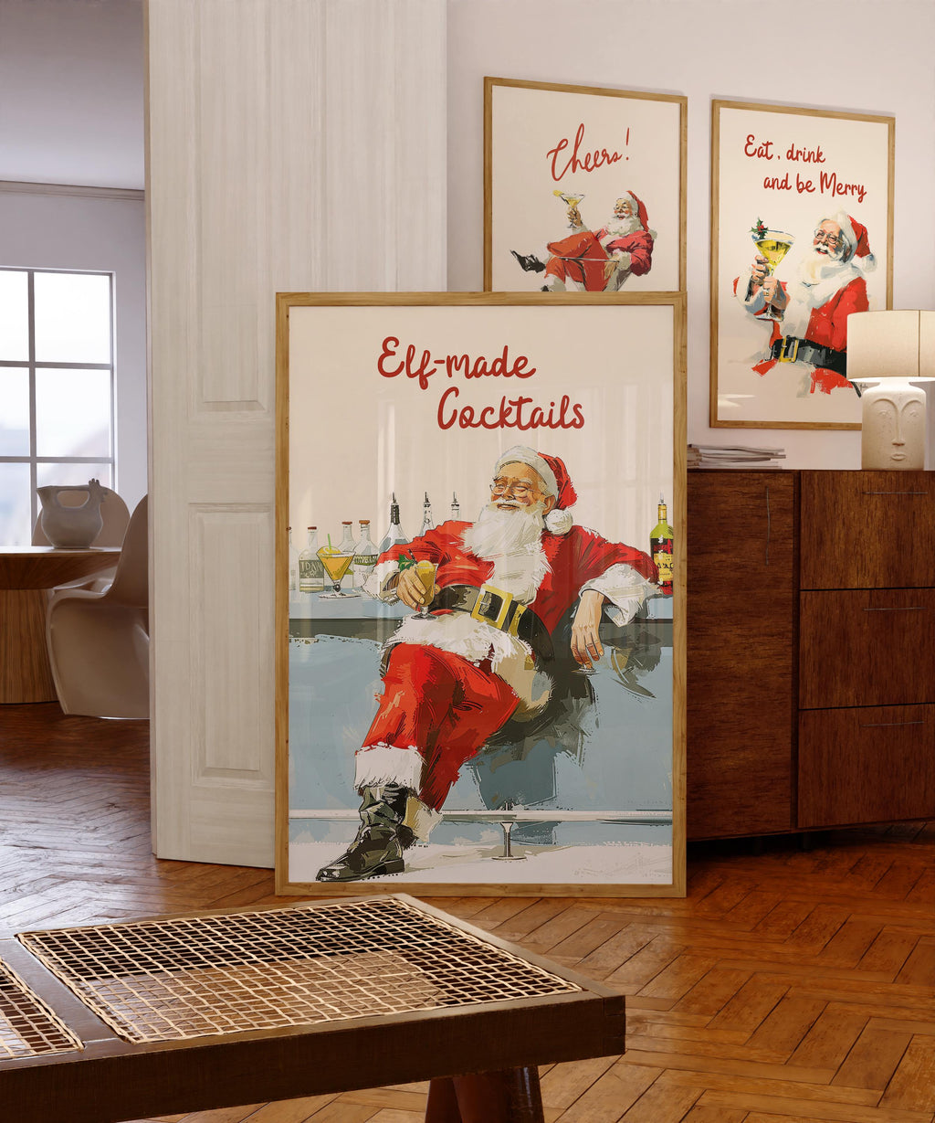 Retro Santa Bar Print, Elf-Made Cocktails Christmas Poster, Funny Holiday Wall Art, Vintage Santa Claus Drink Decor Gift, DIGITAL DOWNLOAD