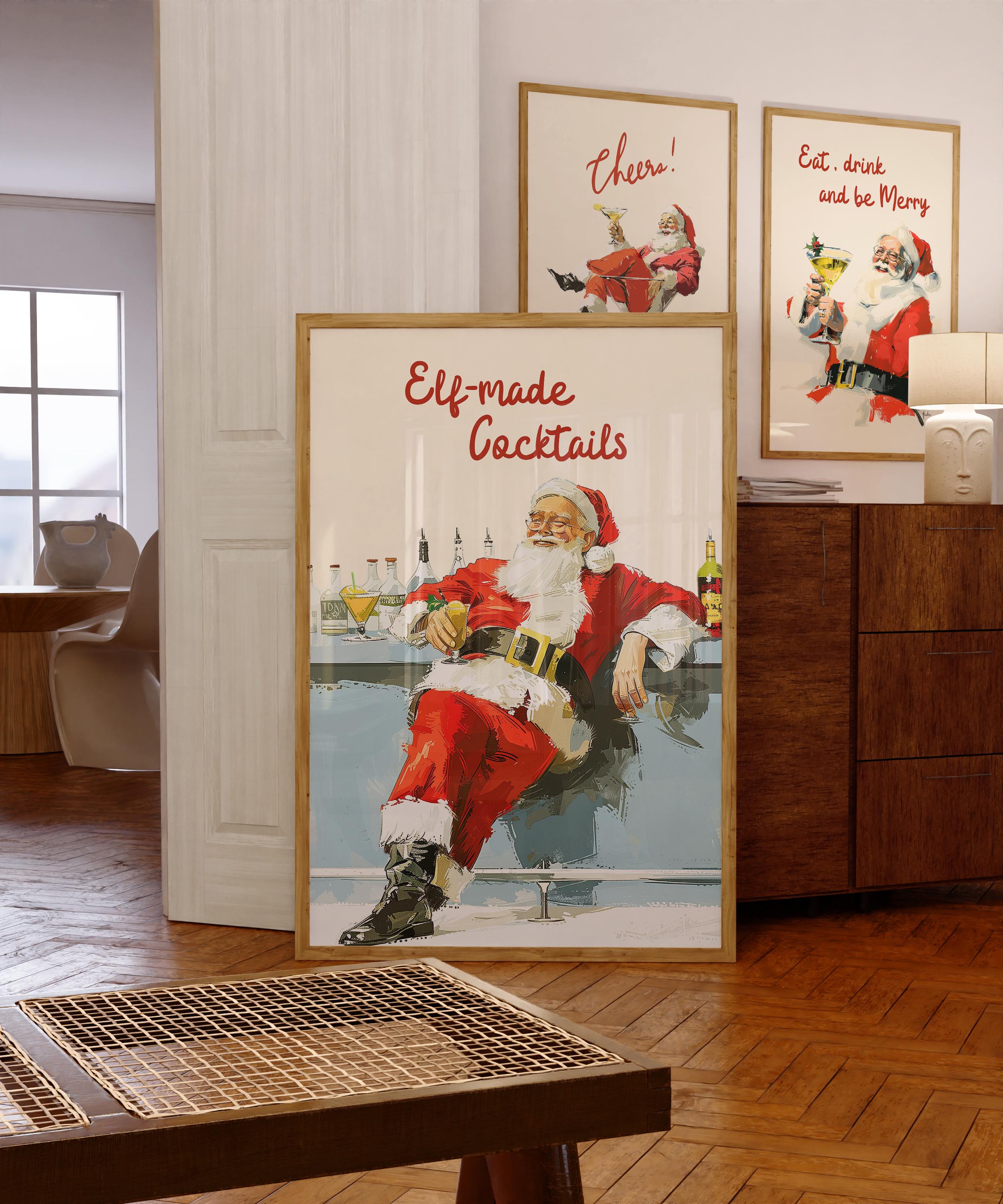 Retro Santa Bar Print, Elf-Made Cocktails Christmas Poster, Funny Holiday Wall Art, Vintage Santa Claus Drink Decor Gift, DIGITAL DOWNLOAD