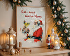 Eat Drink and Be Merry Print, Retro Santa Claus Christmas Poster, Funny Holiday Wall Art, Vintage Bar Decor, Festive Gift, DIGITAL DOWNLOAD