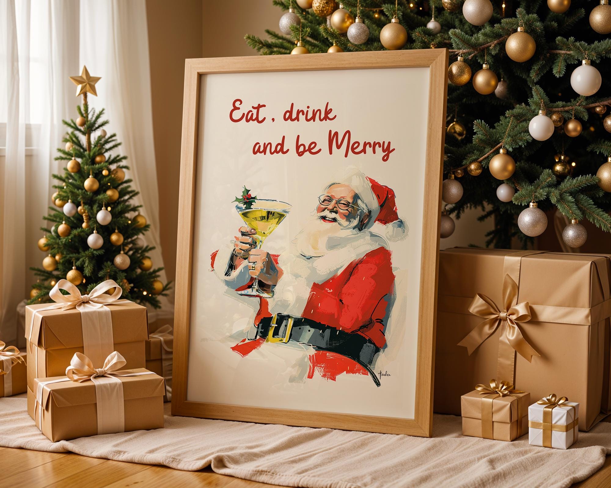 Eat Drink and Be Merry Print, Retro Santa Claus Christmas Poster, Funny Holiday Wall Art, Vintage Bar Decor, Festive Gift, DIGITAL DOWNLOAD