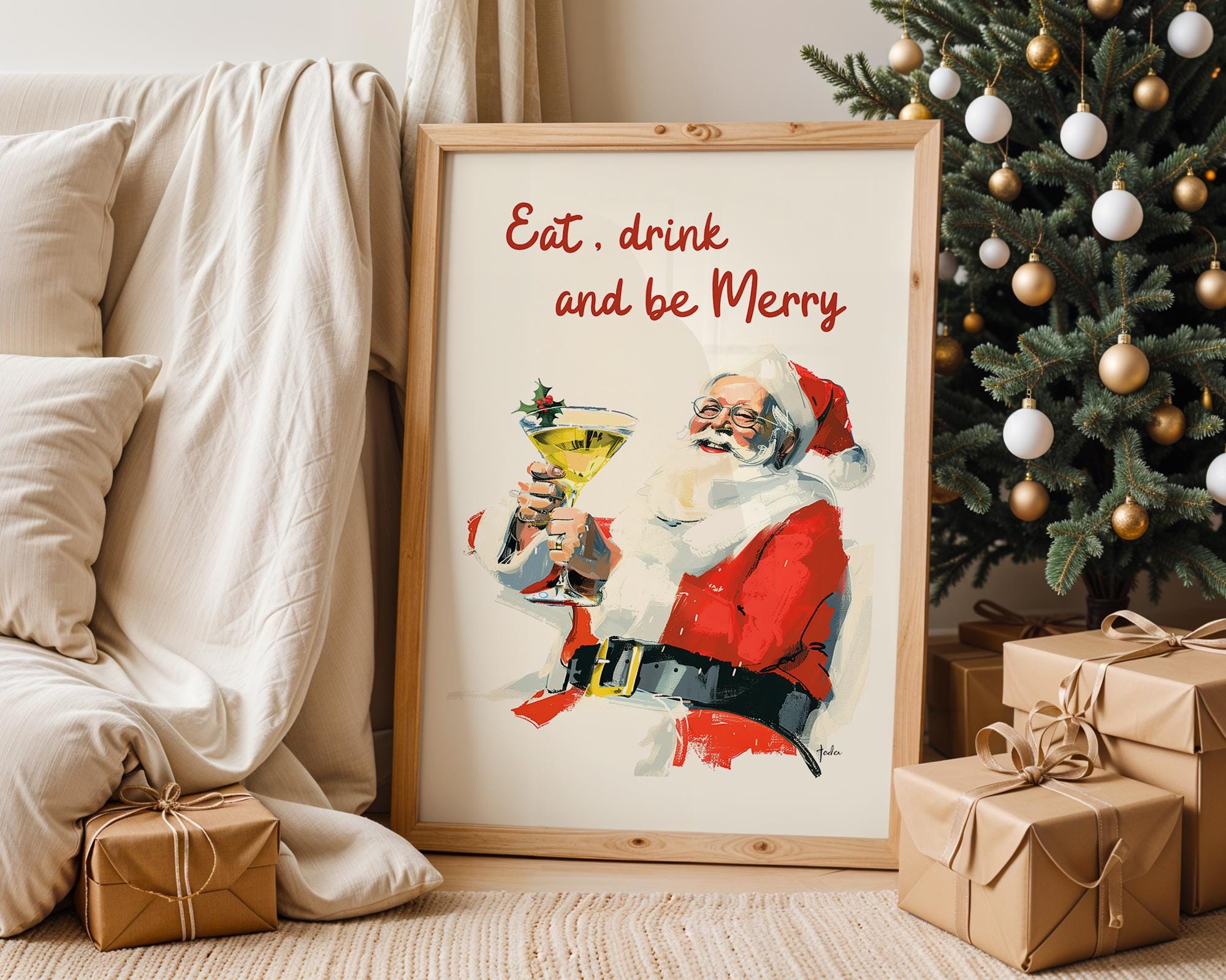 Eat Drink and Be Merry Print, Retro Santa Claus Christmas Poster, Funny Holiday Wall Art, Vintage Bar Decor, Festive Gift, DIGITAL DOWNLOAD