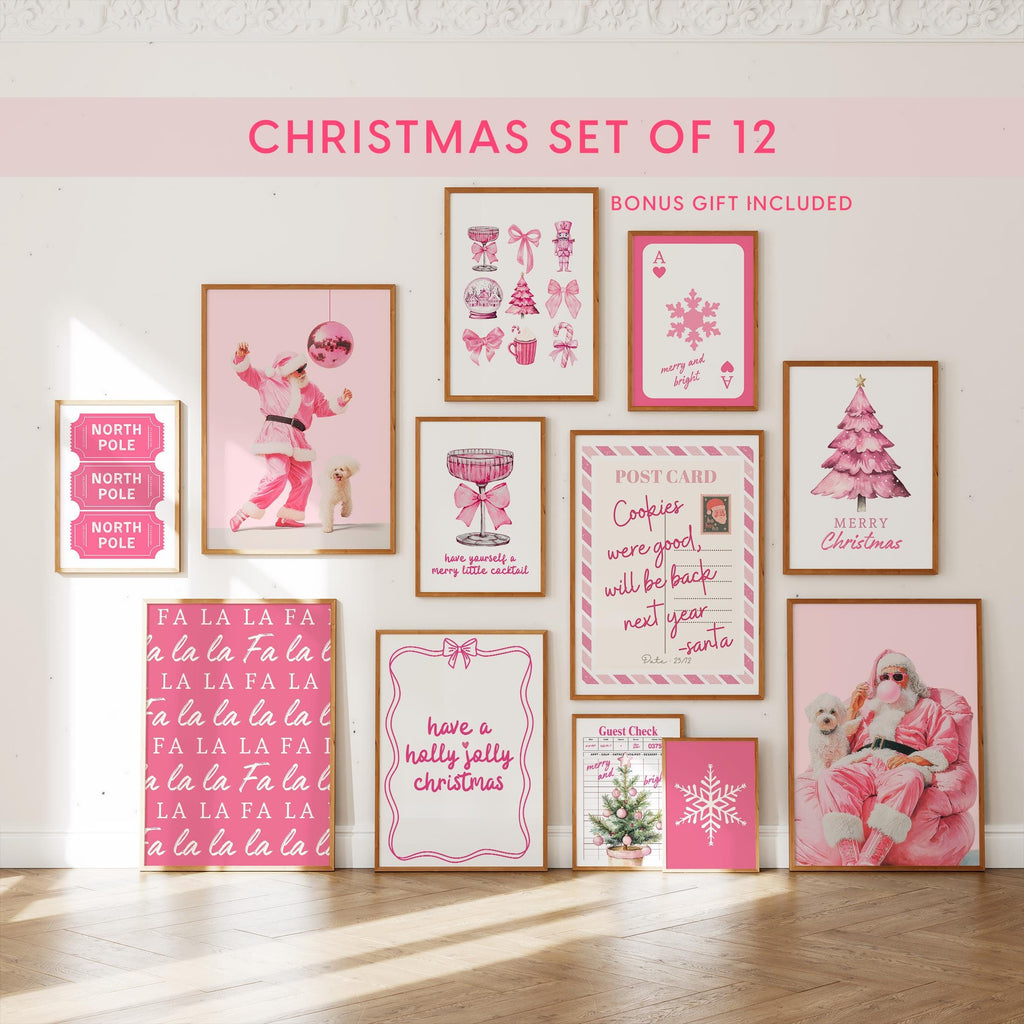 Pink Christmas Wall Art Set of 12 Prints, Festive Holiday Decor Bundle, Funny Cute Santa Art, Trendy Pink Christmas Posters, DIGITAL