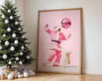 Funny Pink Santa Wall Art, Disco Christmas Poster, Cool Holiday Printable, Cute Dog Santa Print, Trendy Dorm Room Xmas Decor DIGITAL