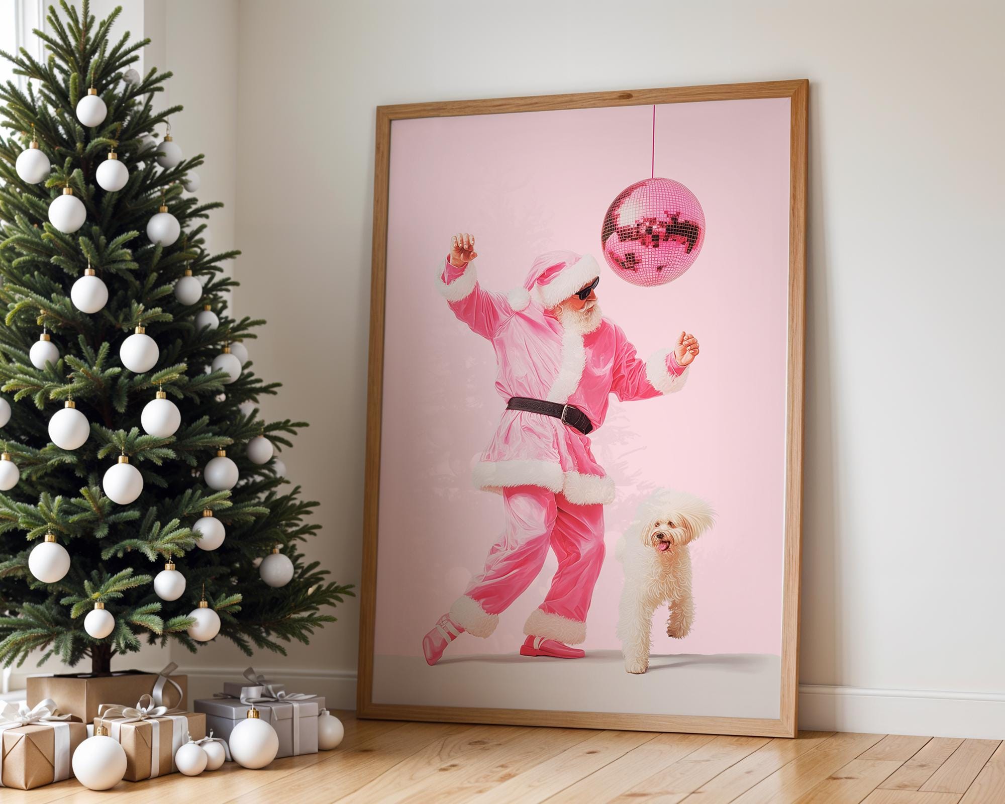 Funny Pink Santa Wall Art, Disco Christmas Poster, Cool Holiday Printable, Cute Dog Santa Print, Trendy Dorm Room Xmas Decor DIGITAL