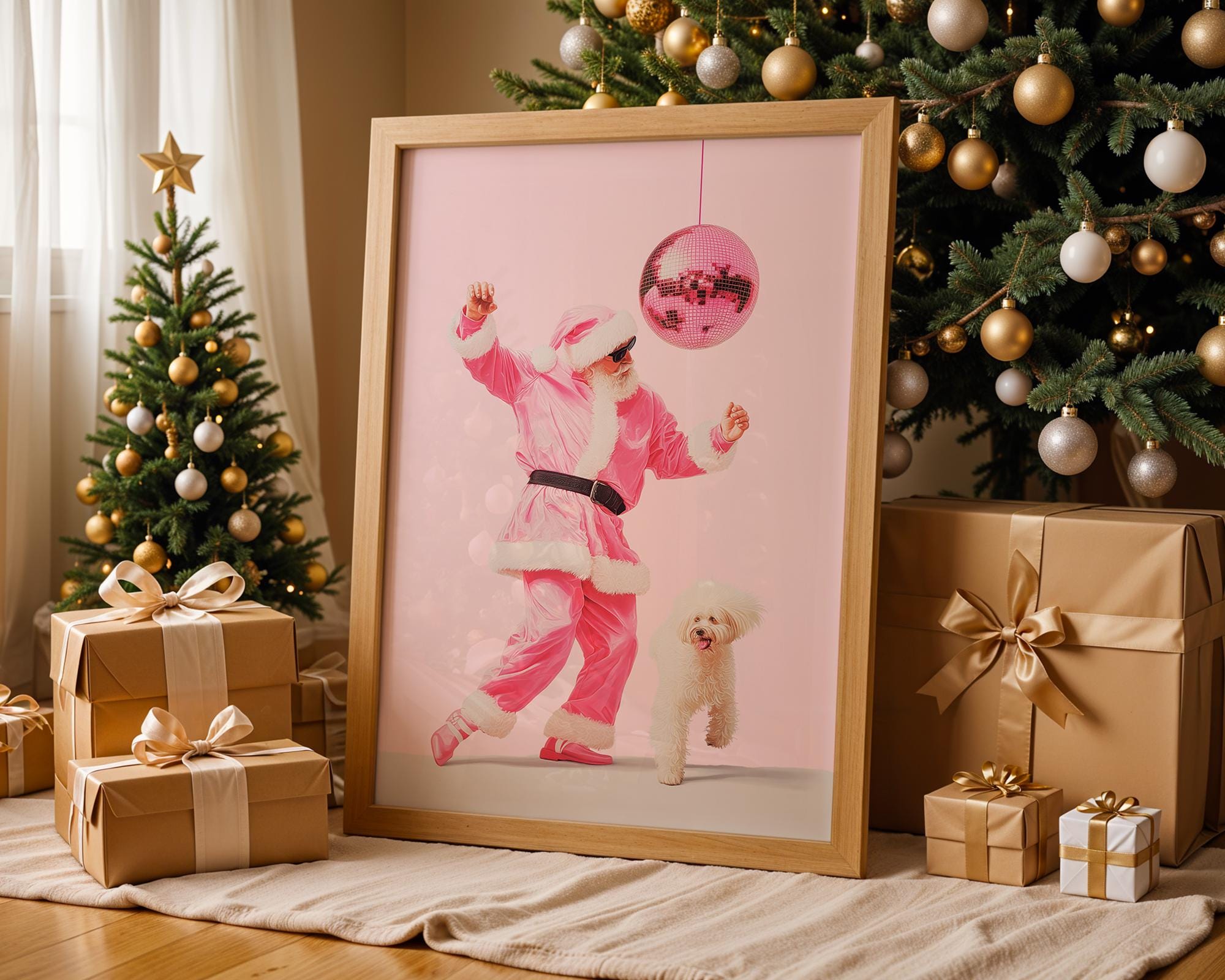 Funny Pink Santa Wall Art, Disco Christmas Poster, Cool Holiday Printable, Cute Dog Santa Print, Trendy Dorm Room Xmas Decor DIGITAL