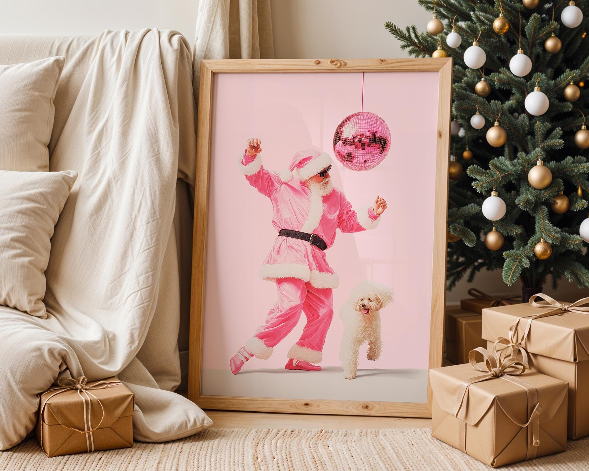 Funny Pink Santa Wall Art, Disco Christmas Poster, Cool Holiday Printable, Cute Dog Santa Print, Trendy Dorm Room Xmas Decor DIGITAL