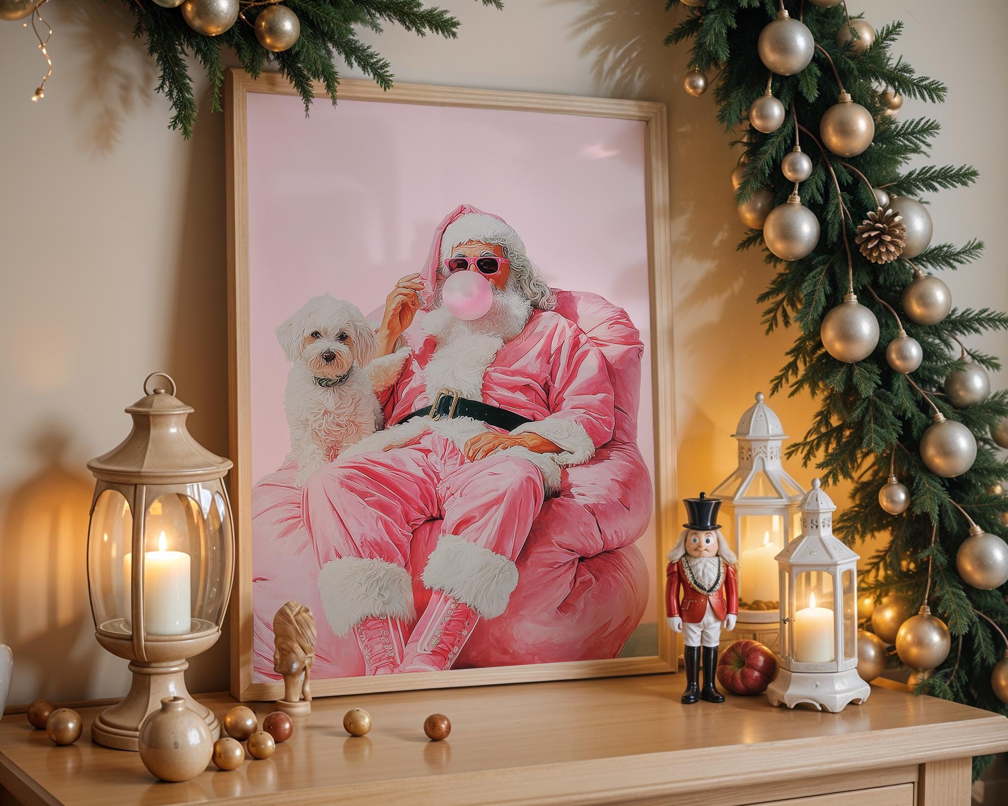 Trendy Pink Santa Claus Wall Art, Funny Christmas Printable with Dog, Retro Holiday Decor, Cool Bubblegum Santa Poster DIGITAL DOWNLOAD