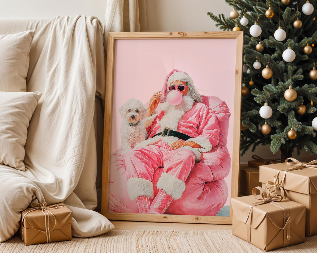 Trendy Pink Santa Claus Wall Art, Funny Christmas Printable with Dog, Retro Holiday Decor, Cool Bubblegum Santa Poster DIGITAL DOWNLOAD