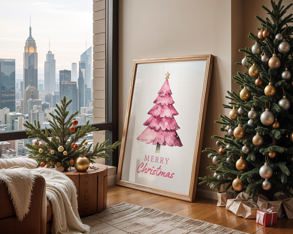 Pink Christmas Tree Wall Art, Merry Christmas Printable, Cute Holiday Decor, Watercolor Xmas Poster, Festive Modern Home DIGITAL DOWNLOAD