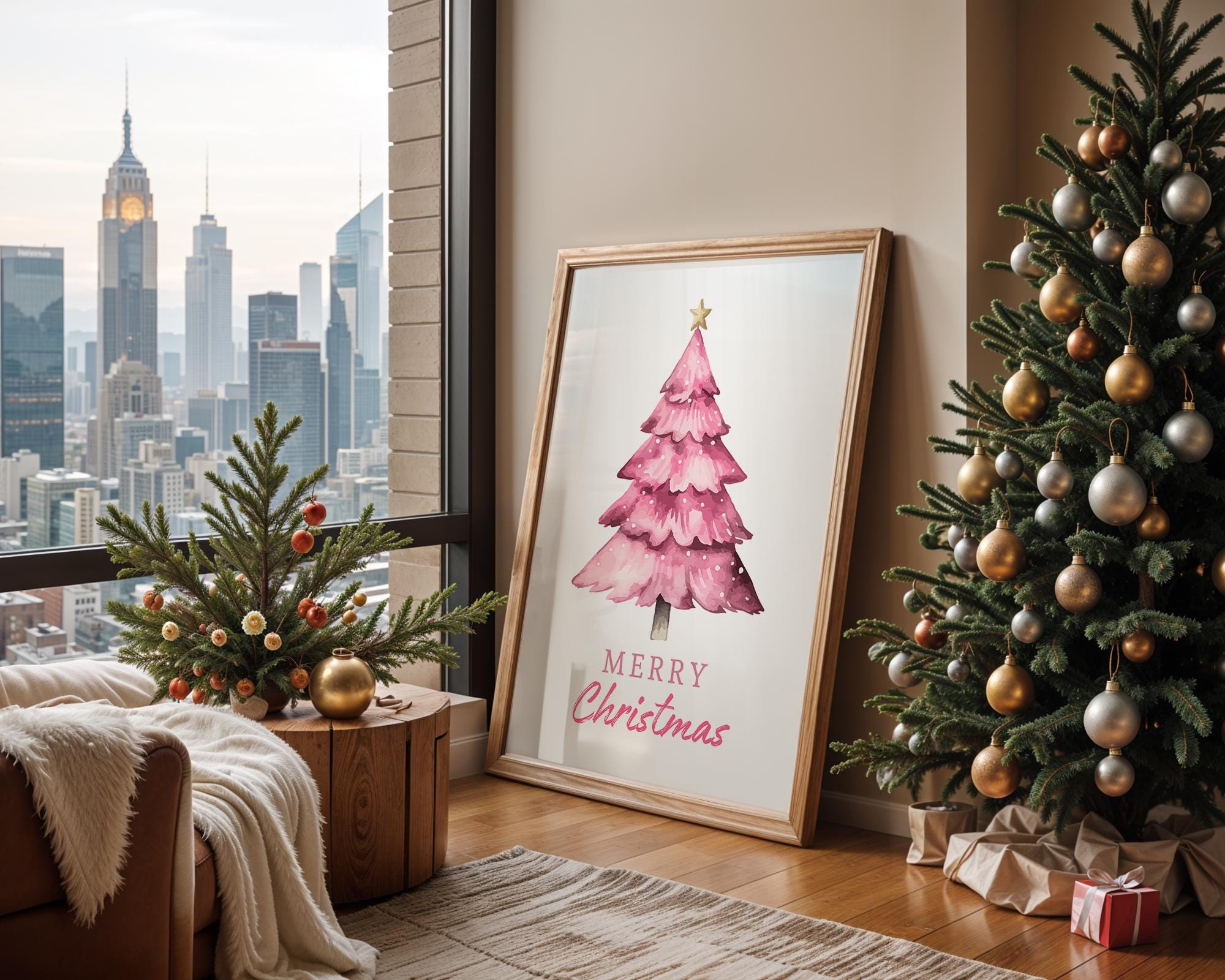 Pink Christmas Tree Wall Art, Merry Christmas Printable, Cute Holiday Decor, Watercolor Xmas Poster, Festive Modern Home DIGITAL DOWNLOAD