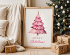 Pink Christmas Tree Wall Art, Merry Christmas Printable, Cute Holiday Decor, Watercolor Xmas Poster, Festive Modern Home DIGITAL DOWNLOAD
