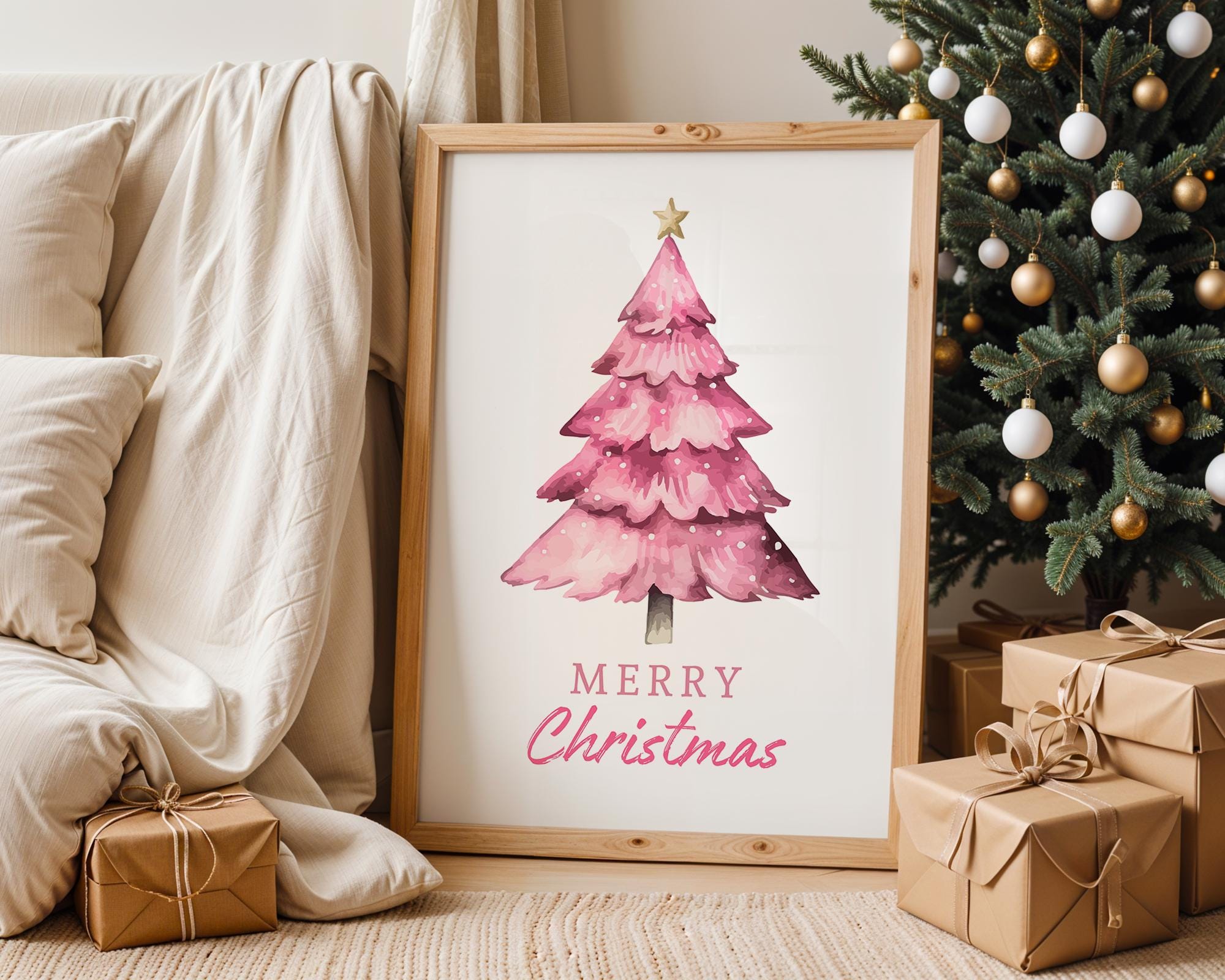 Pink Christmas Tree Wall Art, Merry Christmas Printable, Cute Holiday Decor, Watercolor Xmas Poster, Festive Modern Home DIGITAL DOWNLOAD