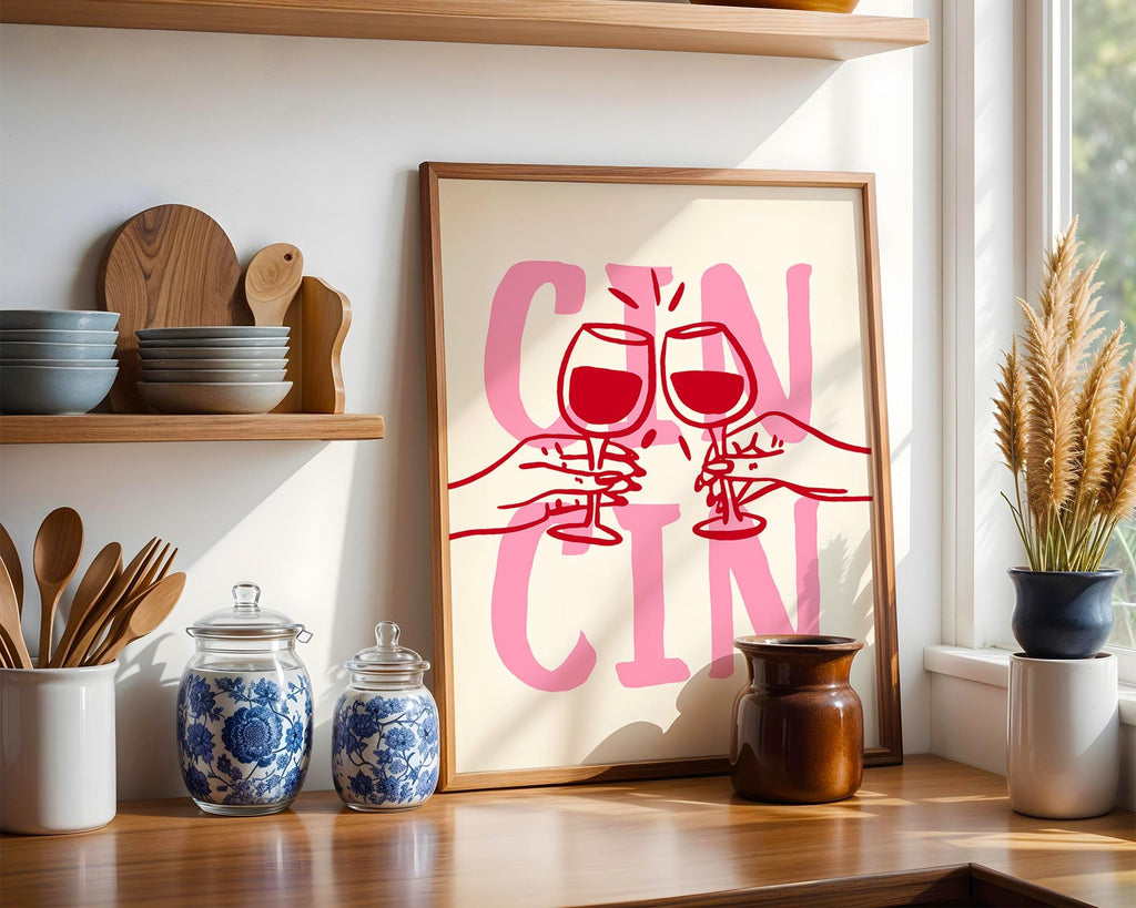 Cin Cin Print Trendy Printable Art, Wine Poster Pink & Red Fun Wall Art, Aesthetic Room Decor Retro Wine Drawing, Bar Cart Print, DIGITAL